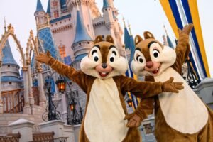 Chip and Dale in front of Cinderella's Castle in Magic Kingdom
