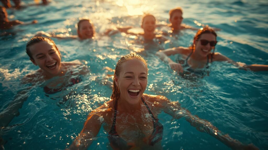 a picture of the ocean with clear blue water at sunrise, show people having fun in the water like they are on a luxury vacation