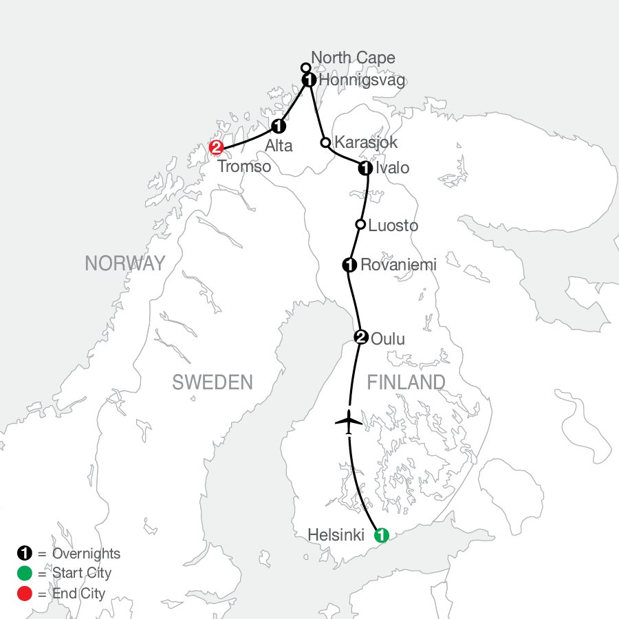 Map of the Top of Scandinavia with Arctic Circle Tour