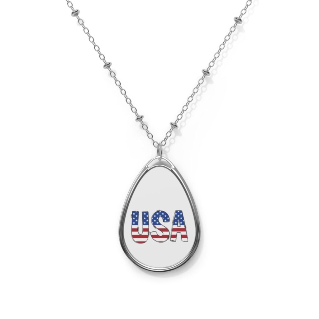USA Flag Oval Pendant Necklace — Patriotic Teardrop Necklace for 4th of July